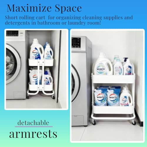 Image of 2 Tier Cart with Wheels Under Desk Storage with Handle, Metal Rolling Pantry Cart for Kitchen White Small Rolling Basket for Laundry Room Bathroom, Utility Shelf Organizer for Small Space