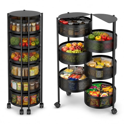 Image of JD FRESH 6 Tier Metal Rotating Kitchen Trolley /360-Degree Rotating Wheels with Expandable Side Opening Design /Movable Butterfly Trolley and Storage Shelf for Kitchen, Livingroom or Bathroom (Black)