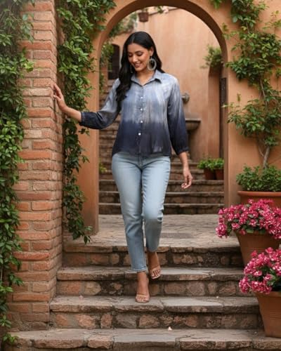 Image of Maaesa Women Handcrafted Tie & Dye Rayon Shirt | Casual & Office Wear | Relaxed Fit | Long Sleeve | Breathable & Lightweight Fabric