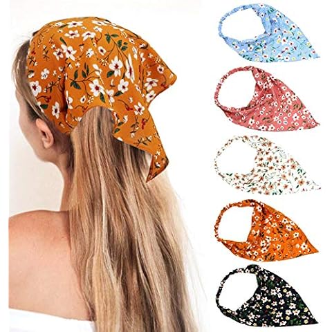 Floral Head Kerchief Hair Scarf,Chiffon Hair Bandanas Print Floral Hair Scarf Kerchief Elastic Floral Printed Turban Boho Headbands Head Scarf Bandana Hair Accessories for Women Girls,5 PCs Cover