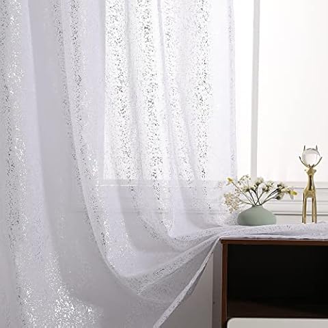 Kotile Silver White Net Curtains - Metallic Glitter Silver Foil Dots White Voile Curtains 54 Inch Drop, Rod Pocket Privacy Sheer Curtains for Bedroom, W46 x D54 Inch, 2 Panels, Silver White Cover