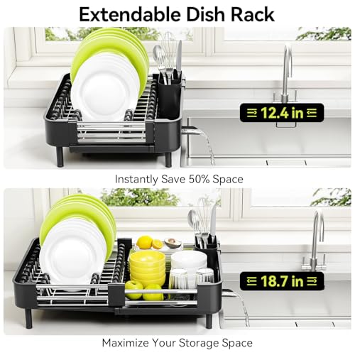Image of Urackify Stainless Steel Dish Drying Rack - Dish Drainer for Kitchen Counter, Extendable Drainboard with Foldable, Space-Saving Cup & Bowl Organizer, Includes Knife and Utensil Holder, Black