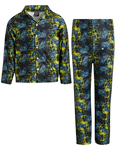 Quad Seven Boy s Flannel Fleece Pajamas - 2 Piece Long Sleeve Button Down and Pants Sleepwear Set, Size 16 18, Yellow Video Games