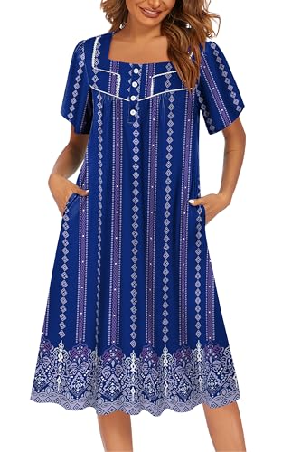 Image of Ekouaer Women's House Dress with Pocket Button Mumus | Short Sleeve Nightgown, Floral Print Mumu Dresses, Square Casual Sleepwear, Boho Roomy Housecoat, Plus Size Soft Sleepwear
