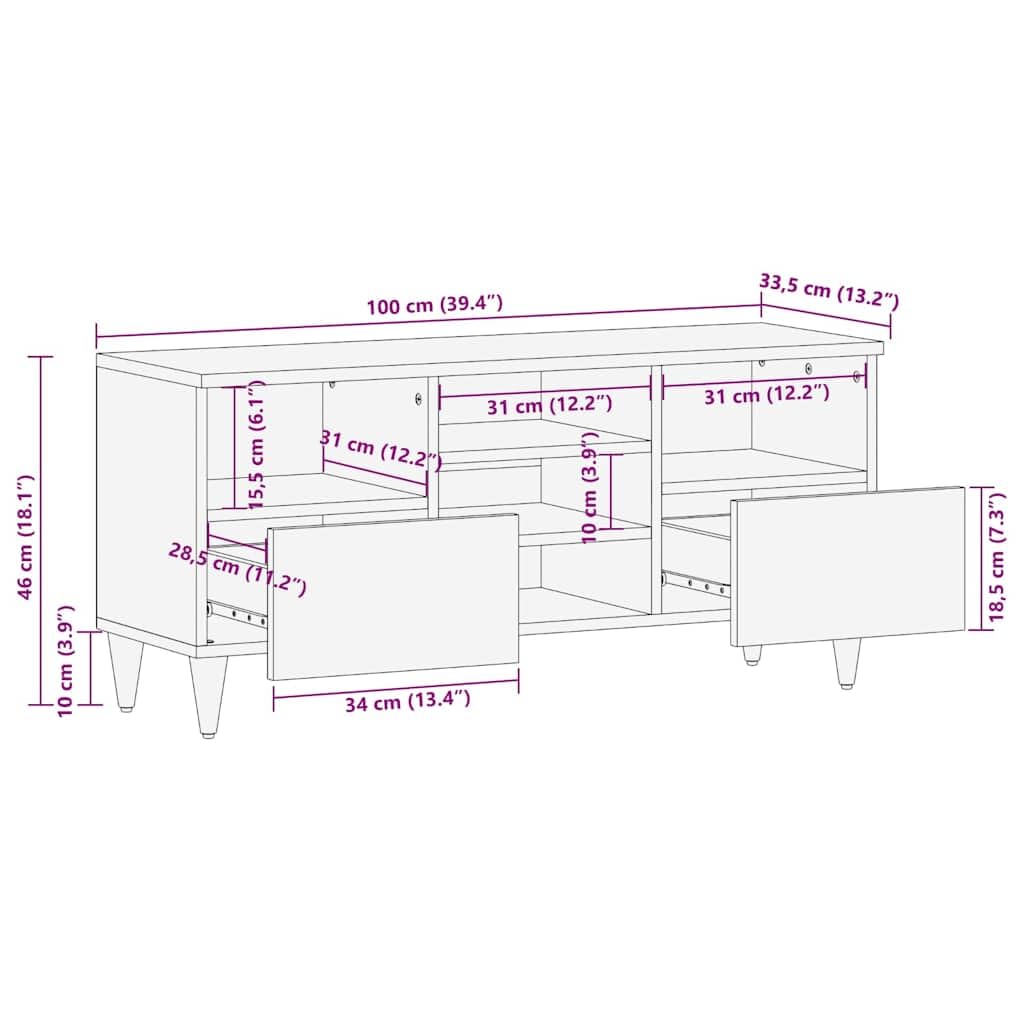 TV-Schrank aus massivem Mangoholz 100x33,5x46 cm mit 2 Schubladen und Regal, stabiles Lowboard für Wohnzimmer Heimkino, Hifi, DVD, CD und Gaming Zubehör