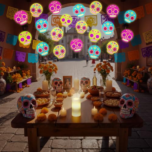Image of Baquler Day of the Dead Decoration Flameless Candles Sugar Skull Projector Light Colorful Skull LED Candle Battery Operated Night Light with Remote and Timer Indoor Bedroom Halloween Mexican Decor