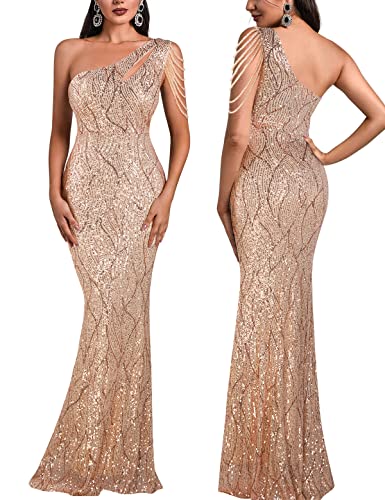 Women One Shoulder 1920s Plus Size Formal Dress Tassels Sleeve Sequins Gatsby Maxi Evening Gown4