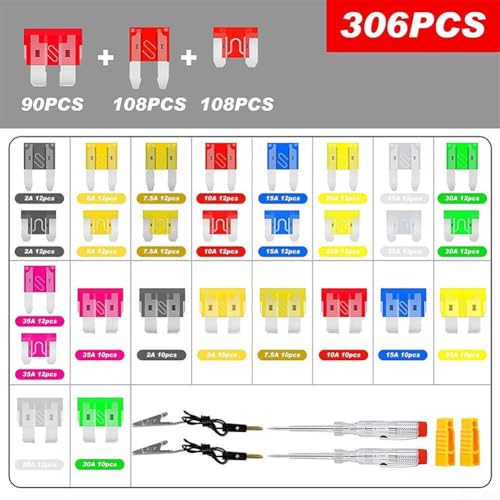 Kit de fusibles para automóvil con 306 piezas y probador de circuito para reparación y mantenimiento eléctrico automotriz miniatura 2
