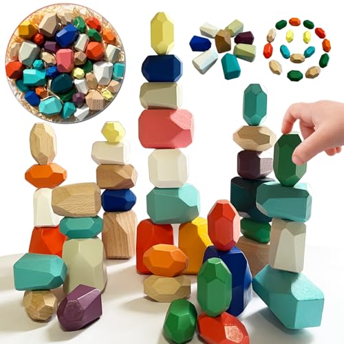 Stacking Rocks 40 Pieces, Over 3 Years Old, Educational Toddler Stacking Blocks, Promotes Imagination, Balance & Fine Motor Skills - Wooden Rocks Sensory Toys Gift for Kid, Boy Girl Pack