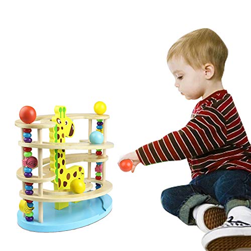 Kugelbahn Holz Murmelbahn Holzspielzeug-Rollbahn aus Holz mit 3 Kugels Spielzeug Giraffe Motorikspielzeug für Mädchen Junge Kinder ab 12+ Monate - 4