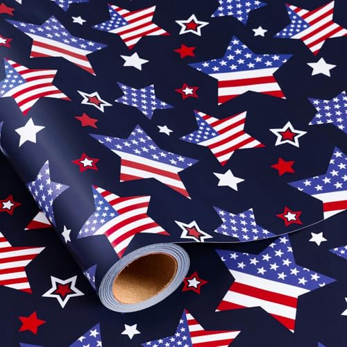 Yarcony 4th of July Wrapping Paper - Patriotic Star Gift Wrap with American Flag Red White Blue Design Independence Day Gift Wrapping Paper with Grid Lines for Memorial Day (17 In x 16.5 Ft)