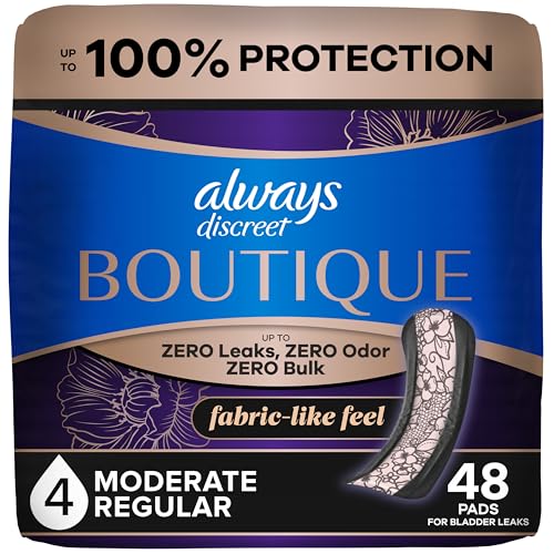 Always Discreet Boutique Adult Incontinence Bladder Leak Pads for Women Moderate Absorbency Regular Length Up to 100% Bladder Leak Protection 48 Count