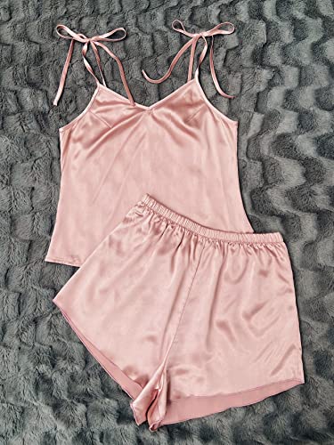 Shein Women's 6 Piece Outfits Sleeveless Satin Pajama Set Tie Shoulder Cami Crop Top And Shorts Sleepwear Sets Black Pink Champagne Medium #TOP2