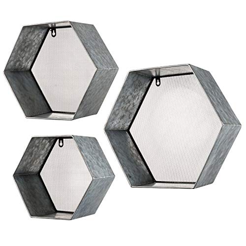 Mygift Wall Mounted Geometric Hexagon Hanging Shelf Design Rustic Galvanized Silver Metal Floating Shelves With Mesh Backing, Set Of 3 #TOP6