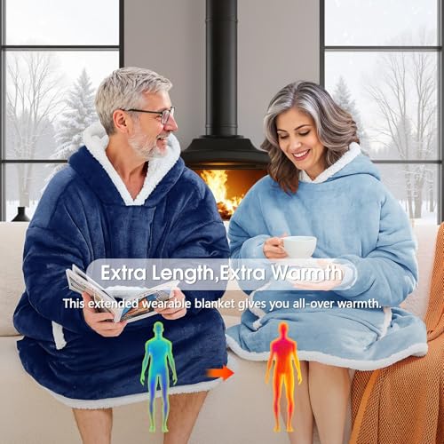 JOYWOO Oversized Wearable Blanket Hoodie,Cat lovers Long Hoodie Blanket for Adult,Birthday Gifts for Women Men Mom,Cozy Sherpa Sweatshirt Hooded Blanket Giant Pocket Winter Gifts,Denim blue Oversize