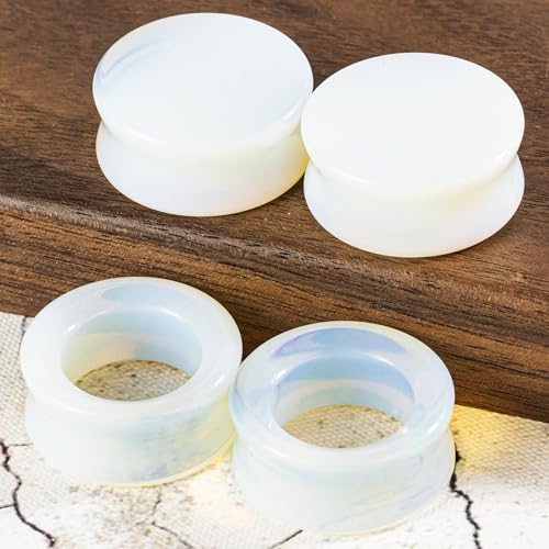Opal Ear Gauges Set (00G-1"), 4 Pack Glossy Solid Plugs & Hollow Tunnels, Synthetic Icy Blue Stone for Sensitive Ears3
