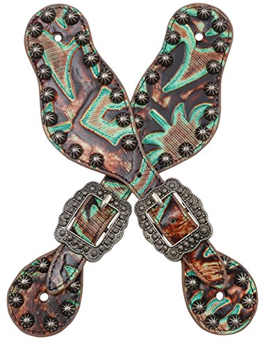 3D Brown Leather Small Spur Straps Turquoise Embossed OS