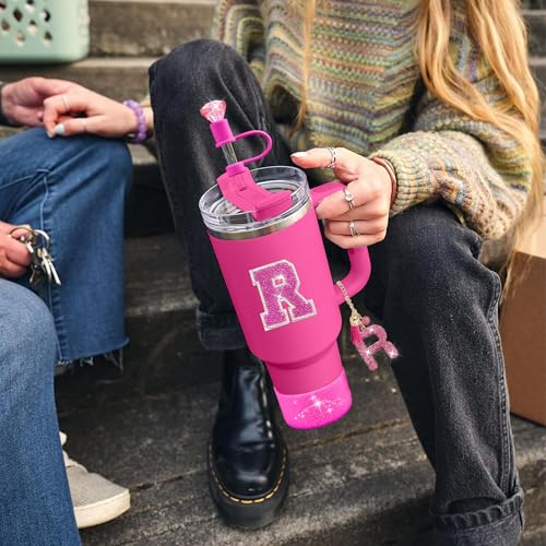 Hpebl 6PCS Hot Pink for Stanley Cup Accessories Set 30/40 OZ Bling Rhinestone Initials Charms for Stanley Decorations Tumbler Accessories Including Diamond Straw Topper, Spill Stopper（Letter T） - image 5