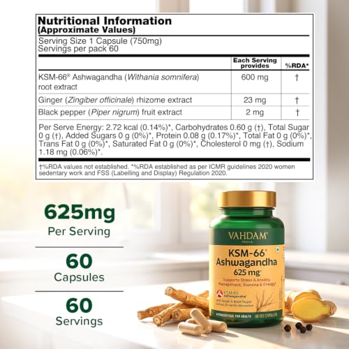 Image of VAHDAM KSM-66 Ashwagandha Capsules | 600mg Root Extract, 5% Withanolides | Supports Stress, Cortisol & Stamina | 60 Veg Capsules