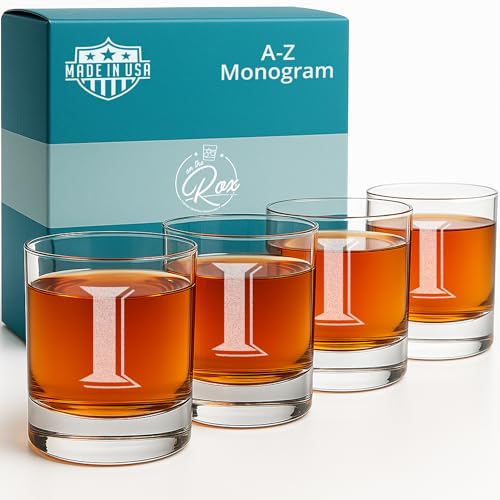Monogrammed Gifts for Men - 4PC 11 Oz Custom Whiskey Glasses (I-Monogram) - Engraved Whiskey Glasses - Personalized Whiskey Glasses - Unique Bourbon Glasses - Personalized Glass Gifts for Dad