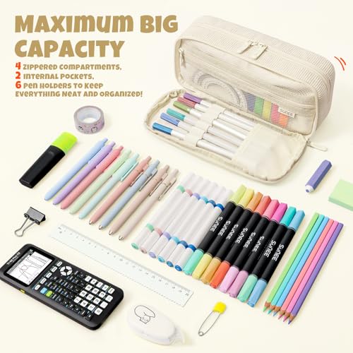 Image of SUNEE Pencil Case, Large Capacity Pencil Pouch, Aesthetic Big Pen Bag, Soft Corduroy Fabric Pen Box for Office Stationery Organizer School Supplies Multifunctional for Teen Boys Girls Women Men, Cream