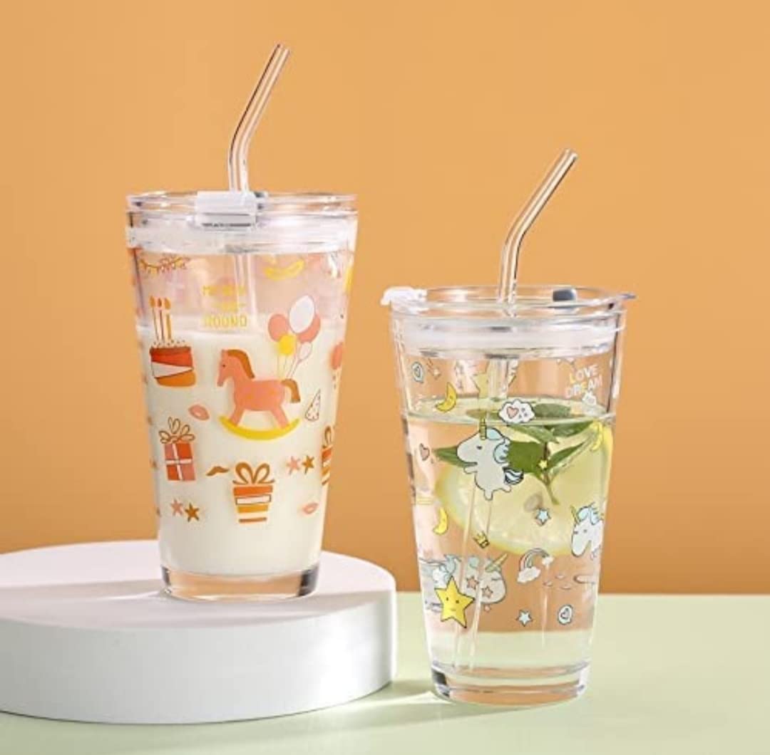 KiKiluxxa Glass Sipper Mug With Straw For Kids Milk Breakfast Juice Cup Tumbler-400Ml Set Of 2 Random Design (Multicolor) discount deal