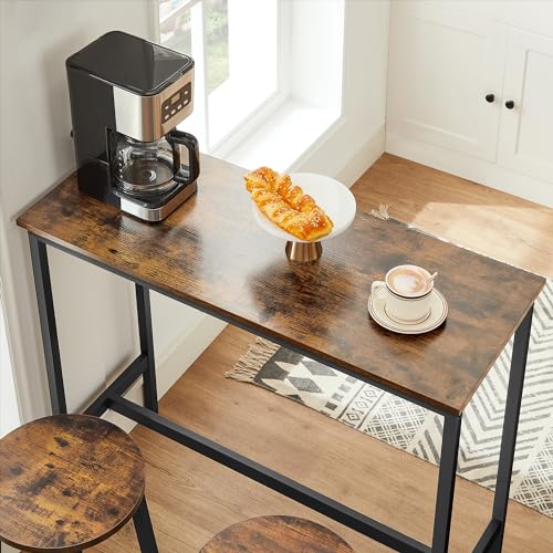 VASAGLE Bartisch mit Barhocker Set, Essgruppe, Stehtisch mit 2 runden Stühlen, Stahlgestell, Industrie-Design, vintagebraun-tintenschwarz LBT219B01