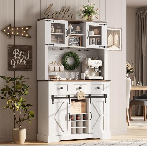 72" Farmhouse Bar Cabinet with Sliding Barn Door, Tall Kitchen Buffet with Storage Hutch and 3 Drawer, Rustic Coffee Wine Bar Sideboard with Wine & Glasses Rack, for Living Room, Pure White