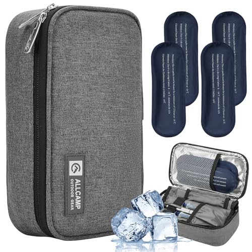 Bolsa de viagem Cooler de insulina da ALLCAMP para medicação diabética orgânica com 4 pacotes de gelo, Cinza, Medium
