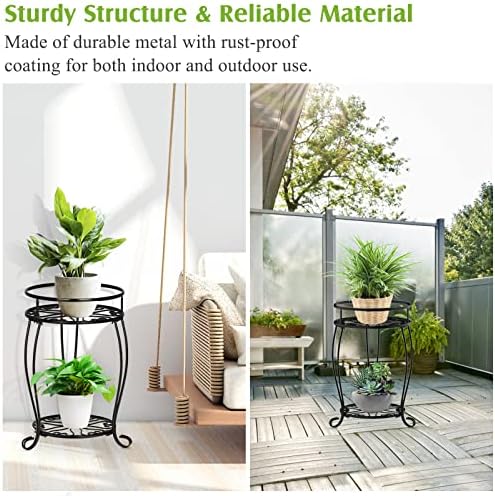 Lewondr Metal Plant Stand, 2-Tier 11.8 Inch Tall Rustproof Plant Holder for Indoor Outdoor Flower Pot Planter, Heavy Duty Iron Potted Display Rack Support for Flowerpot Home Garden Corner Porch, Black
