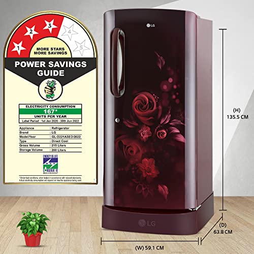 Image of LG 215 L 3 Star Direct-Cool Single Door Refrigerator Appliance (GL-D221ASED, Scarlet Euphoria, Base stand with drawer & Fast Ice Making, 2022 Model)
