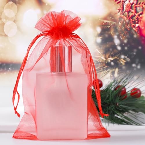 Image of Hopttreely 100pcs Organza Bags, 4 x 4.72 inches Red Christmas Wedding Favors Christmas Gift Drawstring Bags Jewelry Pouches