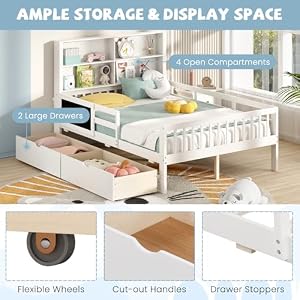 Giantex Full Bed with 2 Storage Drawers Solid Wood Kids Bed Frame wBookcase Headboard Blackboard Full Length Guardrails Wooden Slats Support Full Size Bed Frame for Kids Boys Girls White