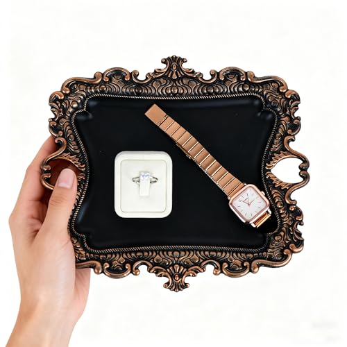 Image of Funly mee 8 x 7 inches Antique Trinket Dish Vintage Jewelry Tray, Ring Holder (Black & Gold, M)