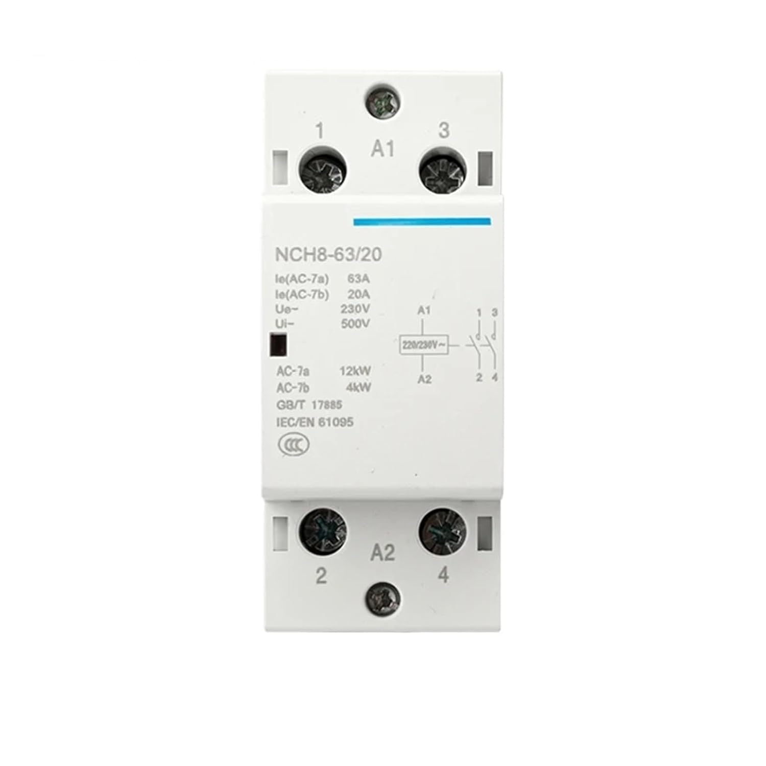 230V AC Contactor NCH8 20A - 63A 2NO 1NC 1NO 2 NC Mini 4 Pole Phase 1Pcs(20A 2NC)
