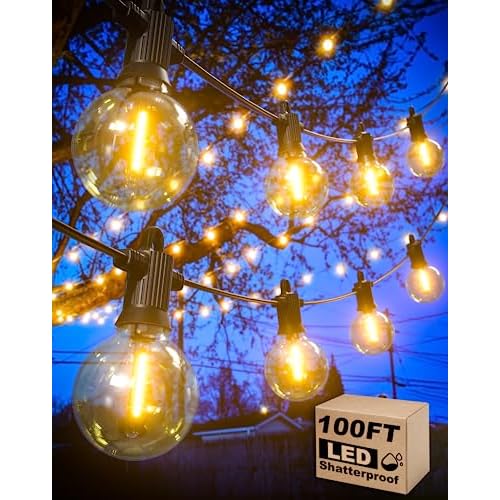 Outdoor String Lights Waterproof, 100FT LED Patio Lights with 53 Shatterproof G40 Globe Bulb(3 Spare), Connectable Dimmable Outside Hanging Lights for Backyard Porch Balcony Gazebo (2x50FT)