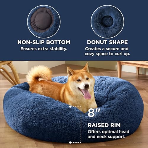 Image of Bedsure Calming Dog Bed for Medium Dogs - Donut Washable Medium Pet Bed, 30 inches Anti-Slip Round Fluffy Plush Faux Fur Cat Bed, Fits up to 45 lbs Pets, Navy