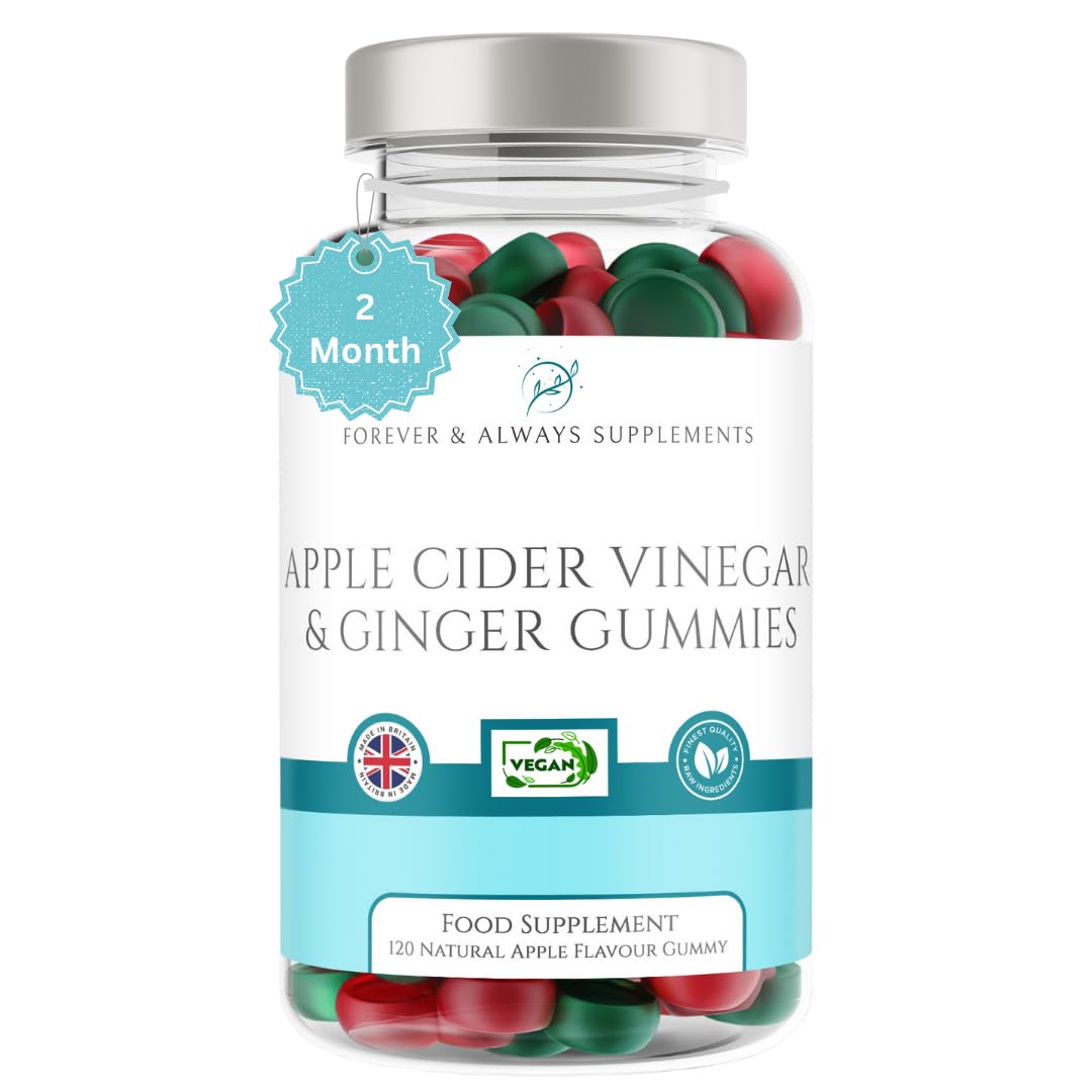 Apple Cider Vinegar Gummies with The Mother & Ginger x 120 (2 Month Supply), Each Vegan ACV Natural Apple Flavour Gummy Contains 500mg of Apple Cider Vinegar & 10mg of Ginger Extract per serv