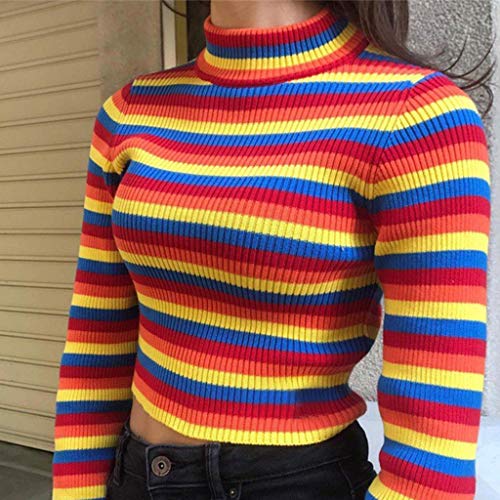 Autumn and Winter Sweaters Keep Warm, Womens Autumn Long Sleeve Turtleneck Sweater Colorful Rainbow Stripes Short Crop3