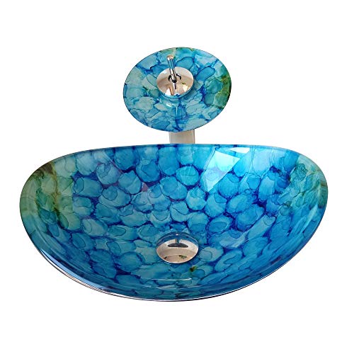 HomeLava Lavabo Vasque en Verre Trempé Bleu, avec Robinet Cascade à poser la salle de bain