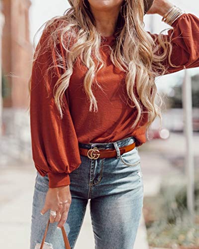 Pesion Womens Casual Bishop Sleeve Blouse Boat Neck T-Shirts Tunic Tops, Caramel Medium #TOP2