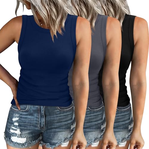 XIEERDUO Womens Summer Tank Tops Racerback High Neck Basic Casual Slim Fit Sleeveless 3 Pack