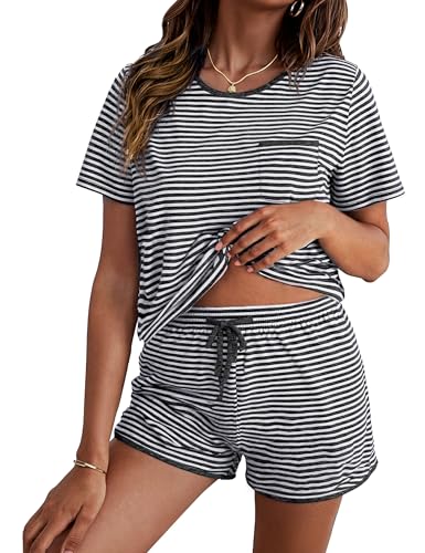 Demegimi Schlafanzug Damen Kurz Baumwolle Sommer Pyjama Zweiteiliger Pyjama Set Gestreift Weicher Shorty Hausanzug V-Ausschnitt Nachtwäsche