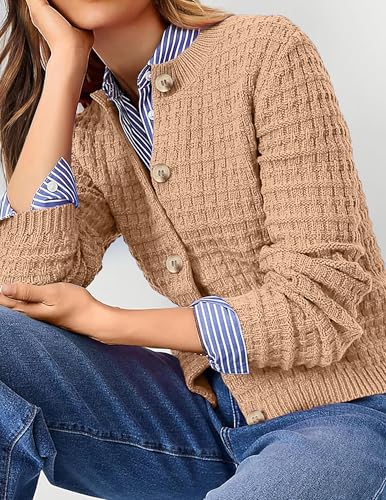 Women's Cute Waffle Knit Button Sweater Cardigans Fall 2024 Dressy Casual Lightweight Crewneck Long Sleeve Cardigan2