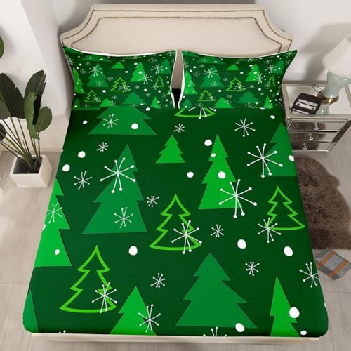 Xmas Tree Double Fitted Sheet, 3D Fitted Sheet Double Bed - Deep Pocket 12 inch (30 cm) - Soft Microfibre Fabric - Shrinkage and Fade Resistant Bedding - Bottom Sheet C733
