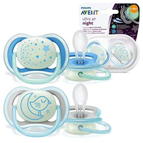Philips Avent SCF376/21 - Pack de 2 chupetes Ultra Air Nocturno que brilla en la oscuridad, tetina suave para 6-18 m, apta para la piel sensible, con estuche de esterilización, color azul