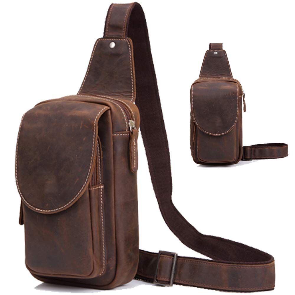 Men's Genuine Leather Chest Bags for Man Vintage Sling Bag Casual Crossbody Single Strap Backpack Satchel Outdoor Travel School Sport Shoulder Backpack Chest Bag (Dark brown)