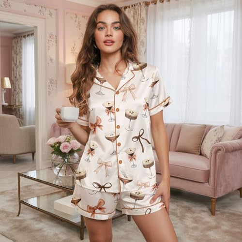 Image of Women 2 Pcs Short Satin Pajama Set Printed Silky Soft Loungewear | Luxurious silk-feel satin; comfortable relaxed fit for sleep & lounge; elastic waistband shorts; gift, easy care