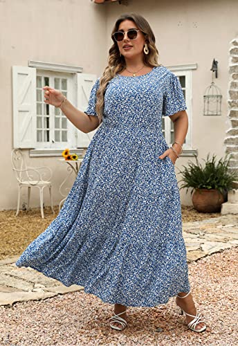 Nemidor Womens Plus Size Boho Ditsy Floral Print Casual Layered Flared Maxi Dress With Pocket Nem304(22,Blue White) #TOP1