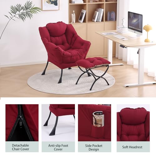 Image of LITA Lazy Chair with Ottoman, Modern Accent Leisure Upholstered Sofa Chairs, Contemporary Lounge Reading Chairs with Armrests and a Side Pocket for Living Room, Bedroom & Small Space, Burgundy